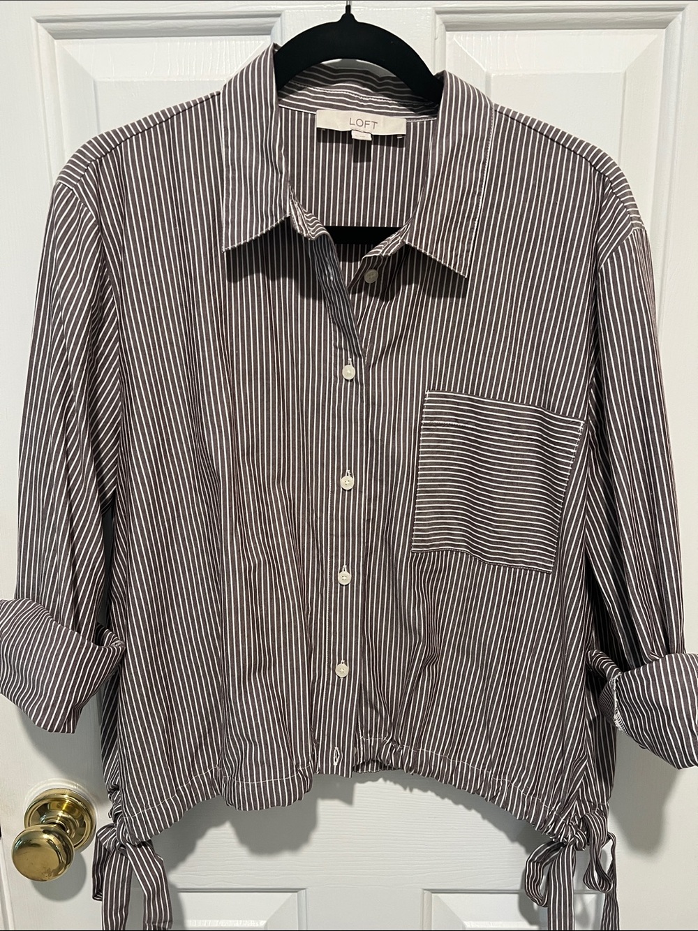 LOFT Brown and White Striped Drawstring Button-Up Blouse